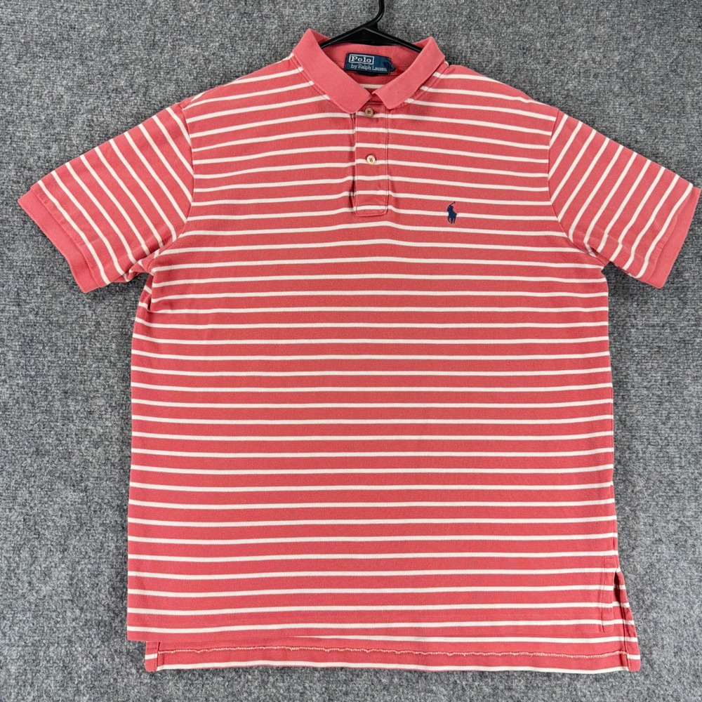 Polo Ralph Lauren Striped Polo Shirt Mens Large Pink White 100% Cotton Short Slv